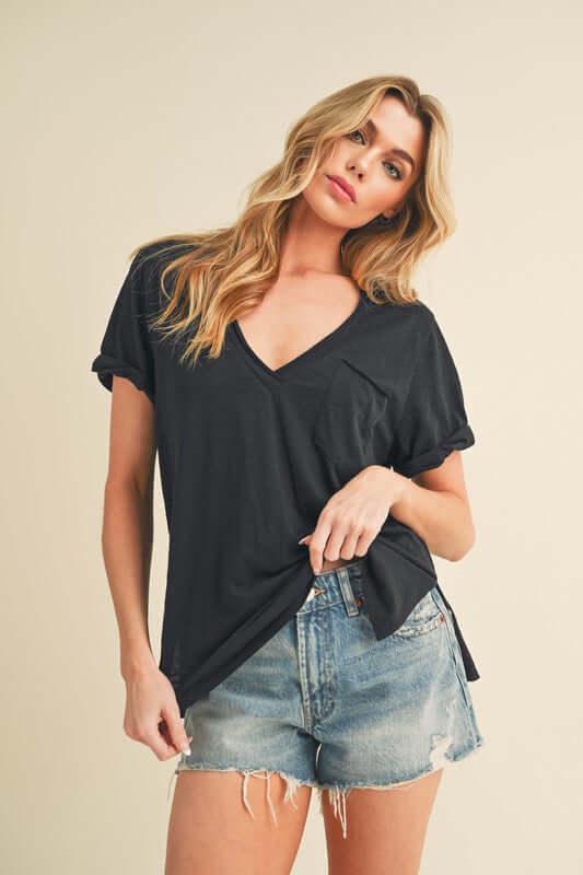 Aemi + Co Side Slit V-Neck Short Rolled Sleeve T-Shirt