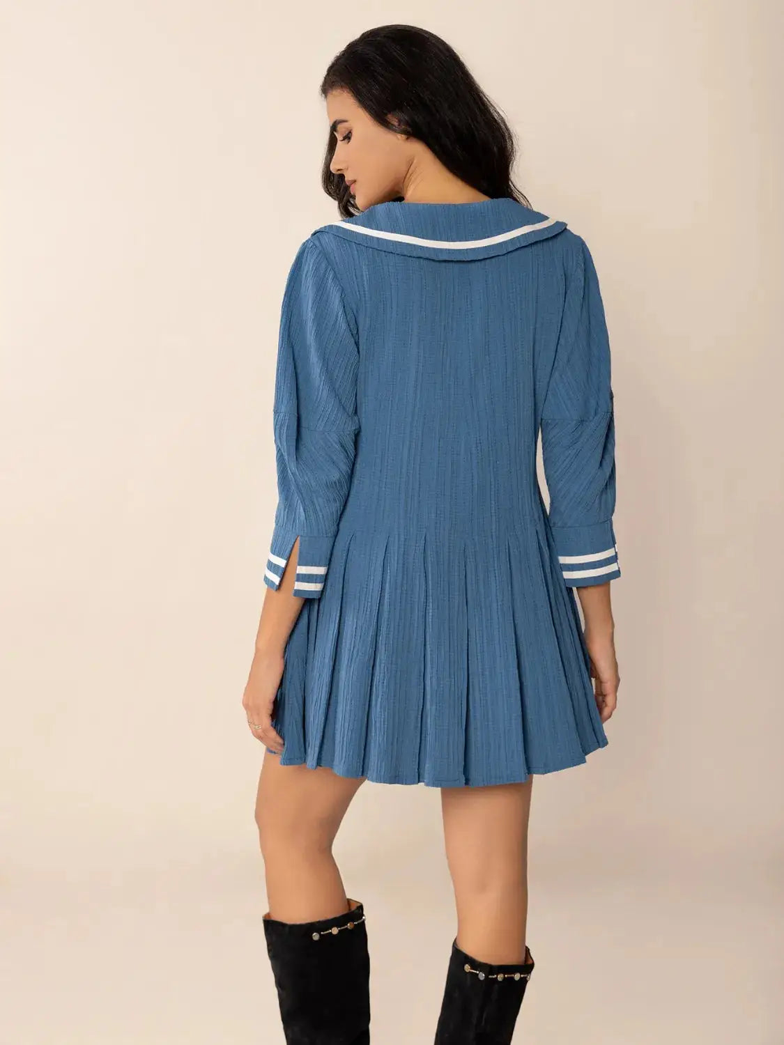 Tie Front Pleated Three-Quarter Sleeve Mini Dress - Clothes For Her Online Store