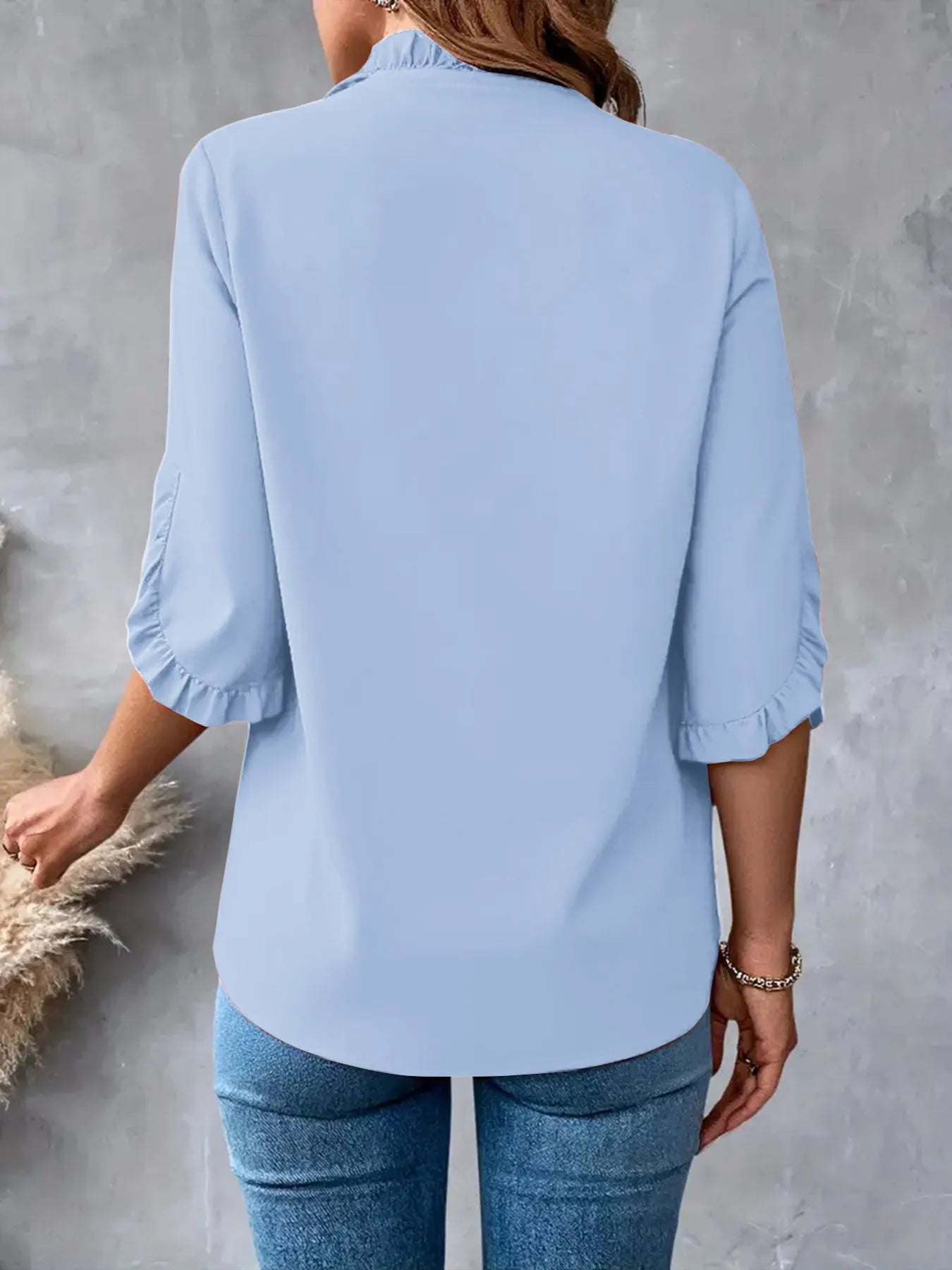 Ruffled V-Neck Short Sleeve Blouse