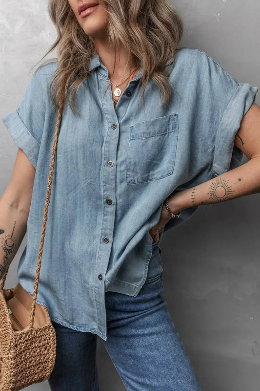 Folded Short Sleeve Patched Pocket Denim Shirt - Clothes For Her Online Store
