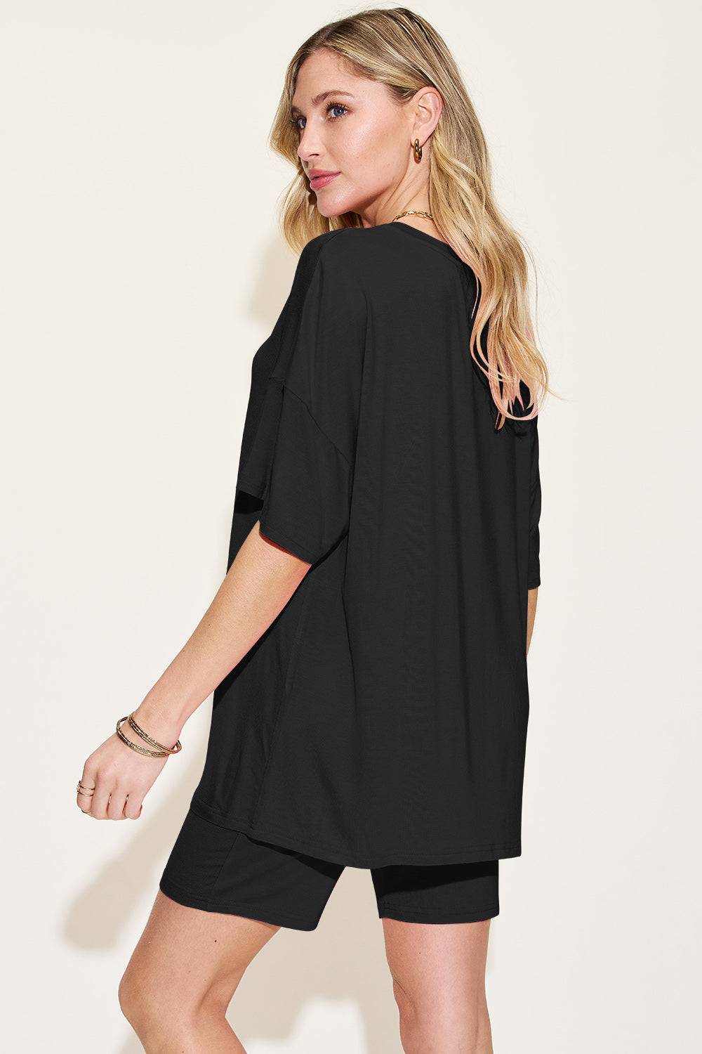 Basic Bae Bamboo Full Size V-Neck Drop Shoulder T-Shirt and Shorts Set - Clothes For Her Online Store