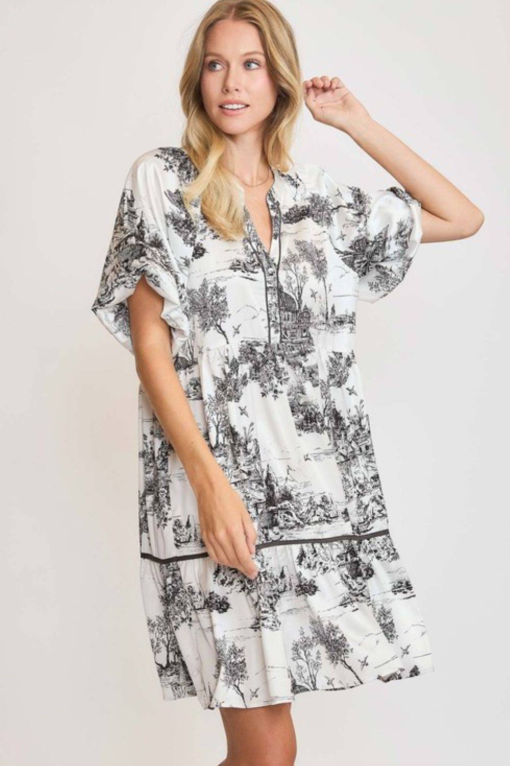 Umgee Full Size Two Tone Landscape Print Dress Plus Size - Clothes For Her Online Store