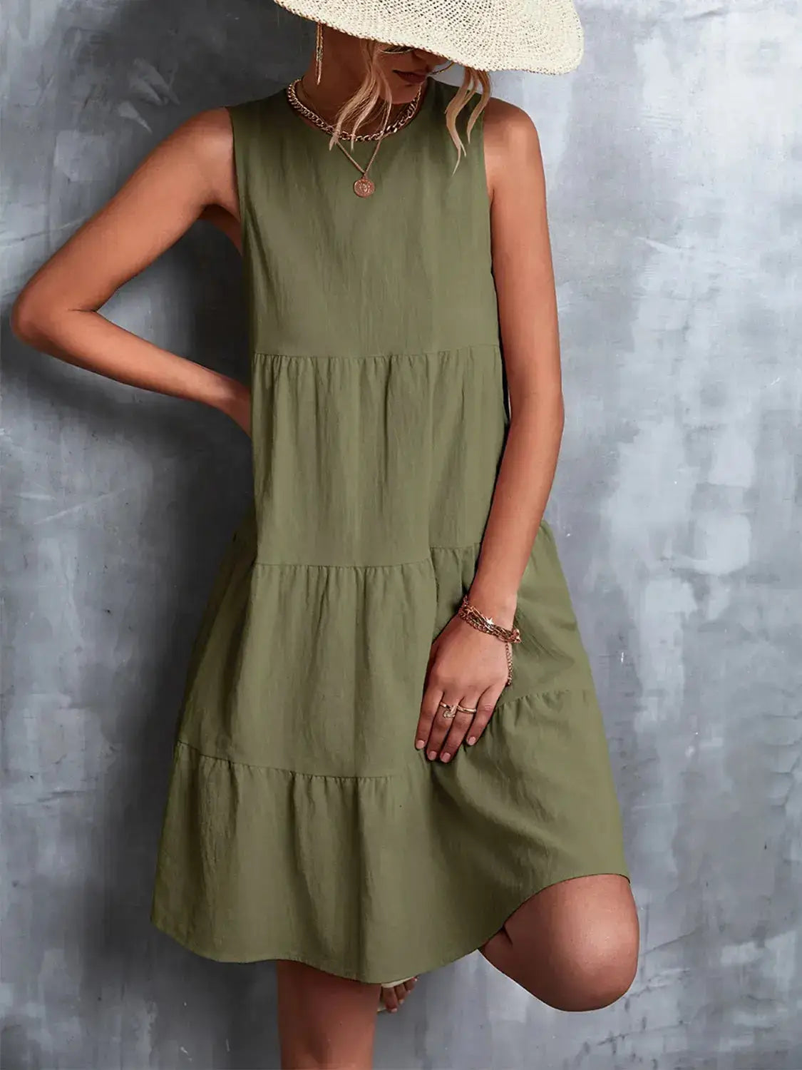 Tiered Round Neck Sleeveless Mini Tank Dress