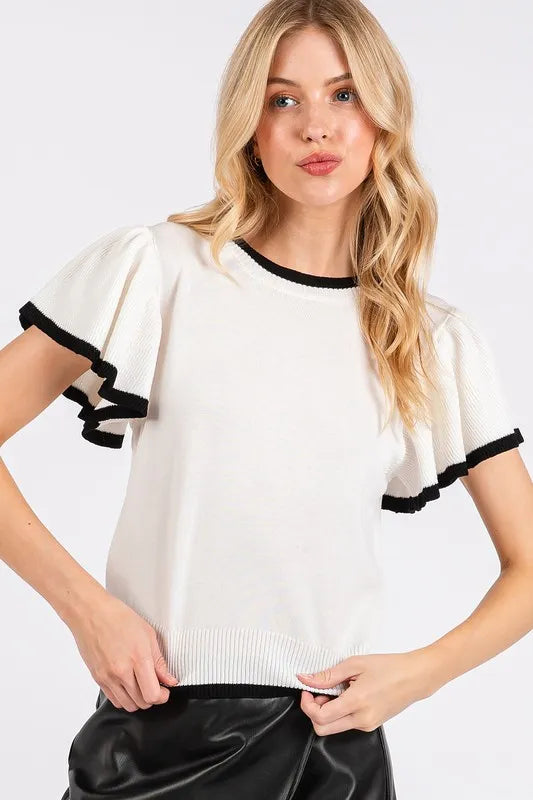 Mittoshop Contrast Trim Ruffled Cap Sleeve Knit Top