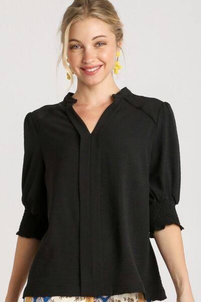 Umgee Full Size Split Neck Boxy Cut Top with Piping Details Plus Size