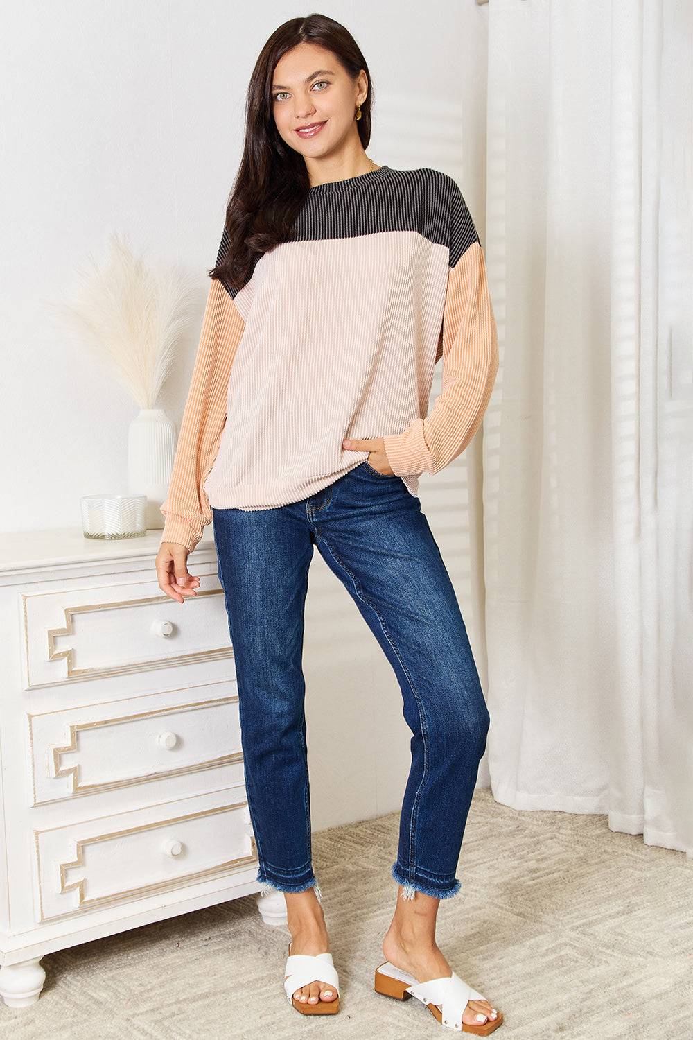 Double Take Color Block Dropped Shoulder T-Shirt - Clothes For Her Online Store