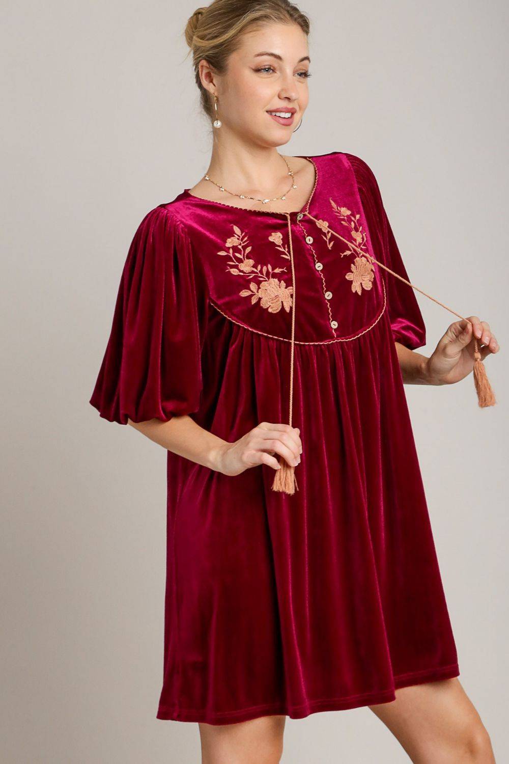 Umgee Embroidered Half Sleeve Velvet Mini Dress with Tassel - Clothes For Her Online Store