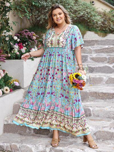 Plus Size Printed Tie Neck Flutter Sleeve Maxi Dress - Clothes For Her Online Store
