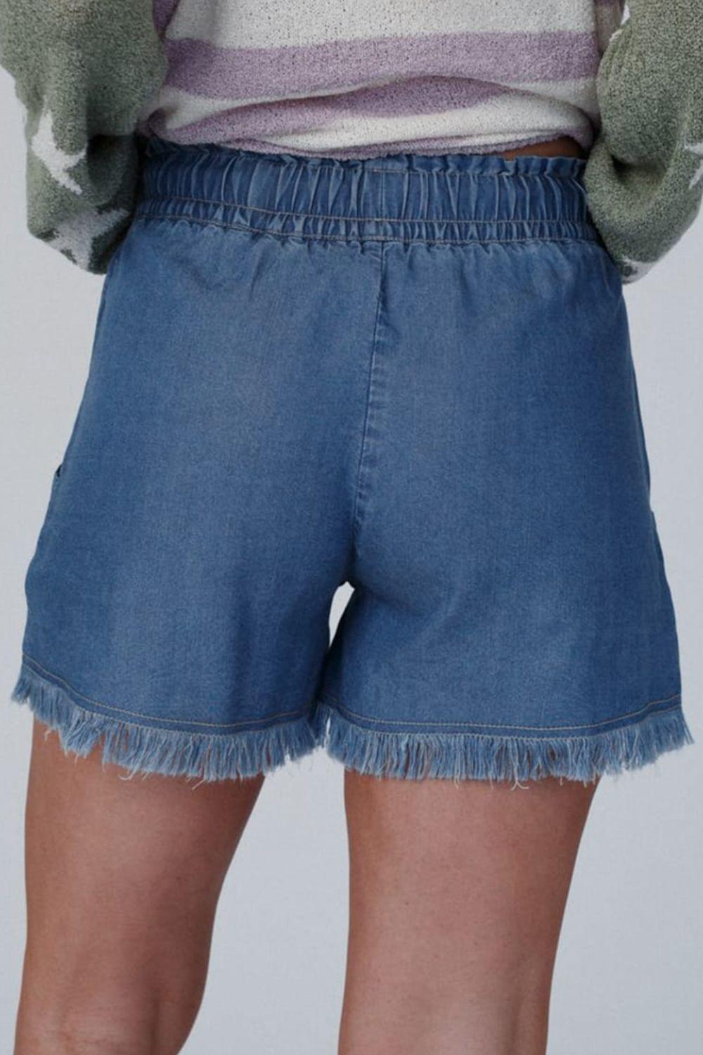 Raw Hem Drawstring High Waist Denim Shorts with Pockets