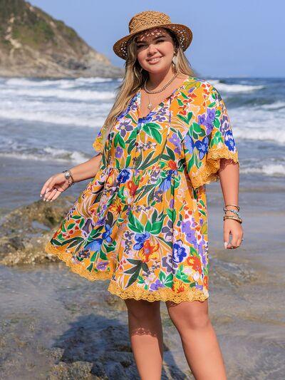 Plus Size Lace Detail Printed Tie Neck Half Sleeve Dress