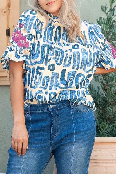 Plus Size Printed Mock Neck Short Sleeve Blouse - Clothes For Her Online Store