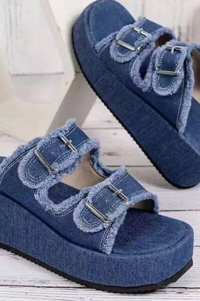 Raw Hem Wedge Buckle Sandals - Clothes For Her Online Store