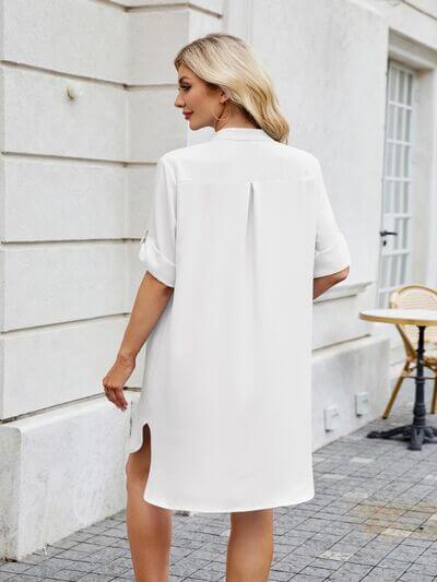 Notched Long Sleeve Mini Shirt Dress