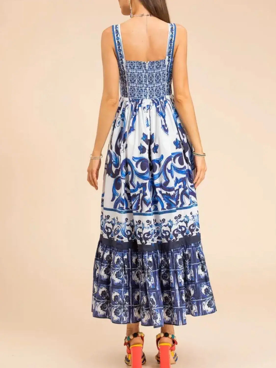 Smocked Printed Wide Strap Dress