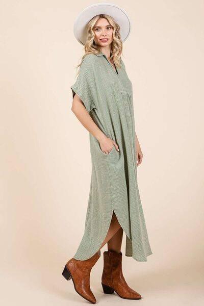 Mittoshop Mineral Wash V Neck Button Up Midi Shirt Dress