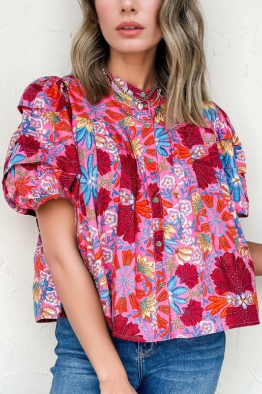 Floral Puff Sleeve Button-Up Top