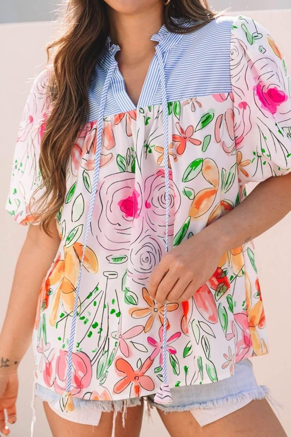 Floral Striped Yoke Frilled Tie Neck Puff Short Sleeve Blouse