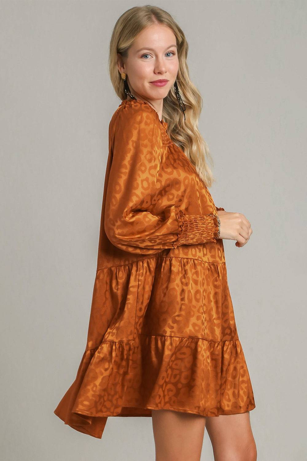 Umgee Smocked Leopard Long Sleeve Tiered Dress - Clothes For Her Online Store