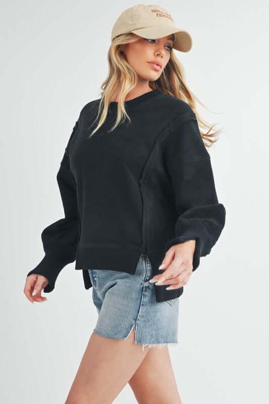 Aemi + Co Exposed Seam High-Low Round Neck Sherpa Top