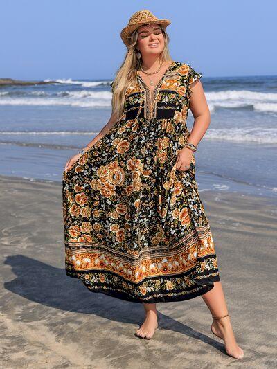 Plus Size Printed V-Neck Ruffle Cap Sleeve Maxi Dress