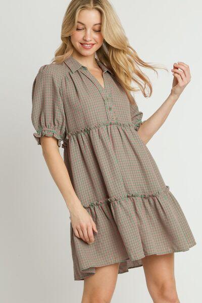 Umgee Full Size Plaid Frill Button Detail Ruffled Short Sleeve Dress Plus Size