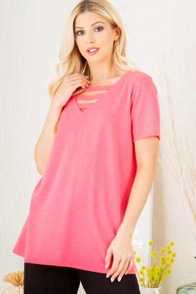 Heimish Full Size V-Neck Short Sleeve T-Shirt with Bar Detail Plus Size - Clothes For Her Online Store