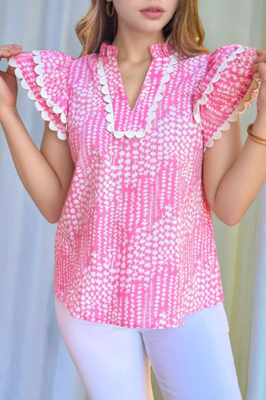 Abstract Print Ric Rac Trim Flutter Sleeve Notched Blouse