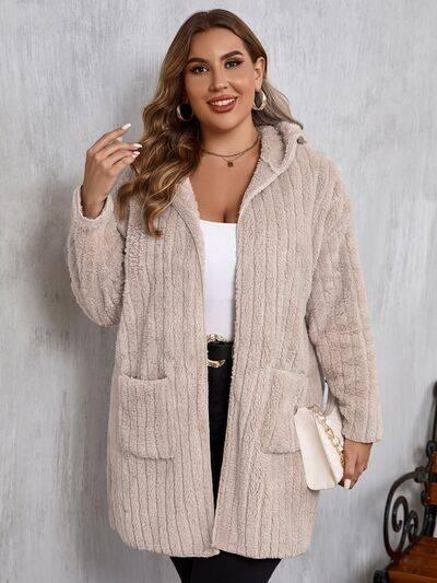 Plus Size Open Front Long Sleeve Hooded Fuzzy Jacket - Clothes For Her Online Store