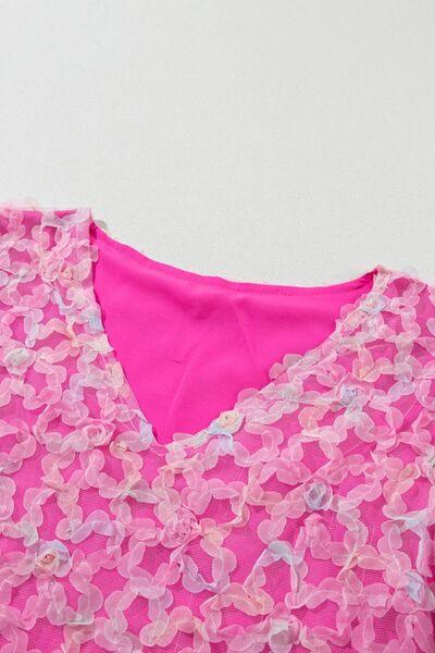 Bonbon Flowery Mesh Short Puff Sleeve Blouse