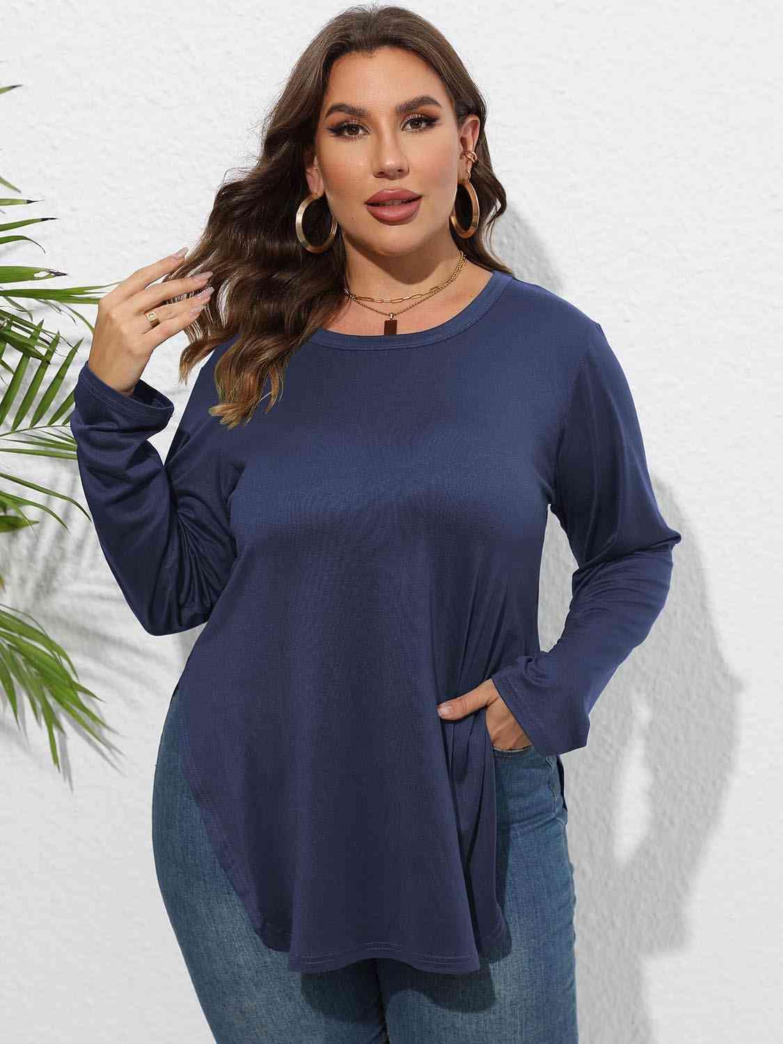 Plus Size Round Neck Long Sleeve Slit T-Shirt - Clothes For Her Online Store