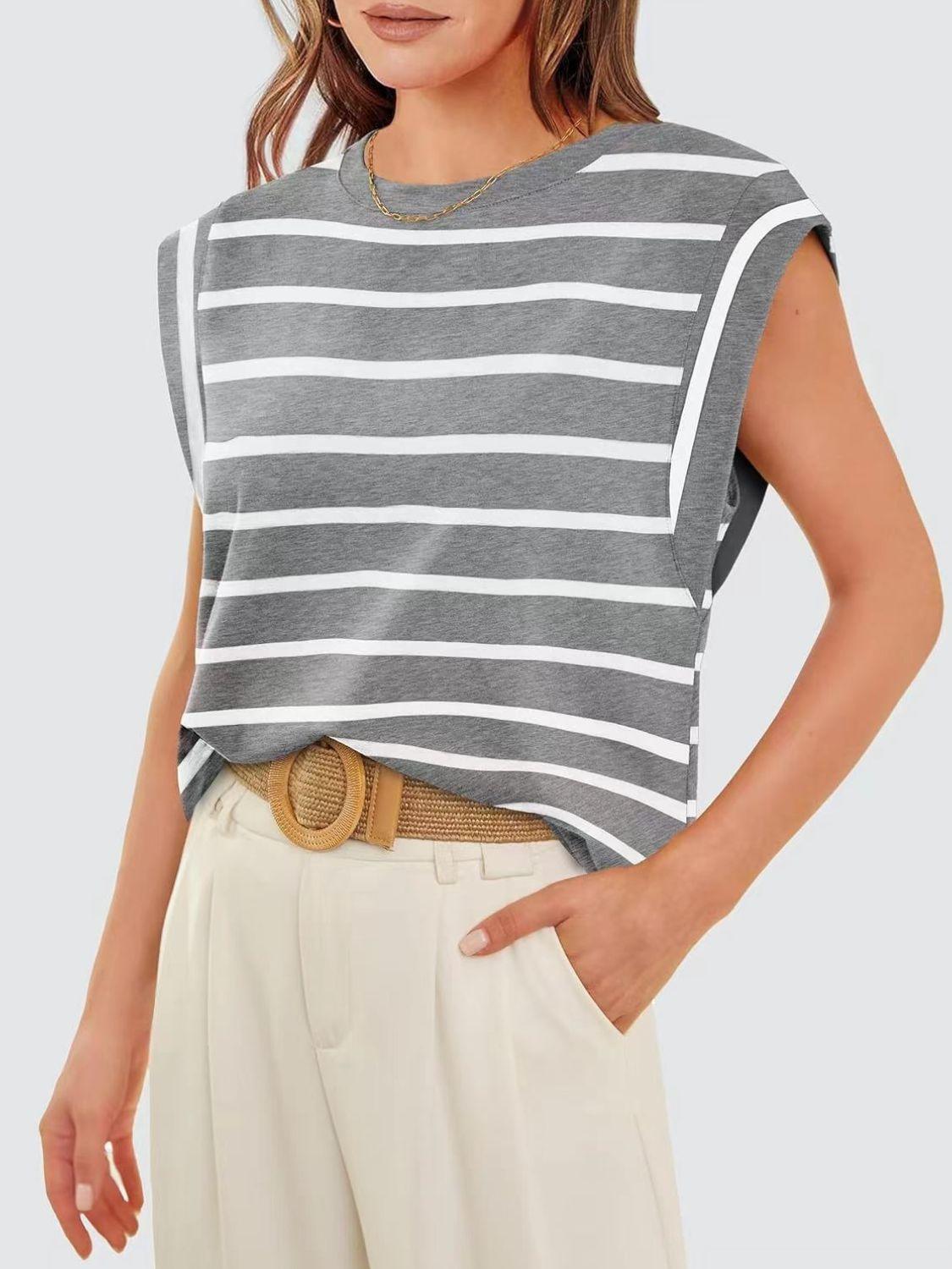 Florira Striped Round Neck Cap Sleeve T-Shirt