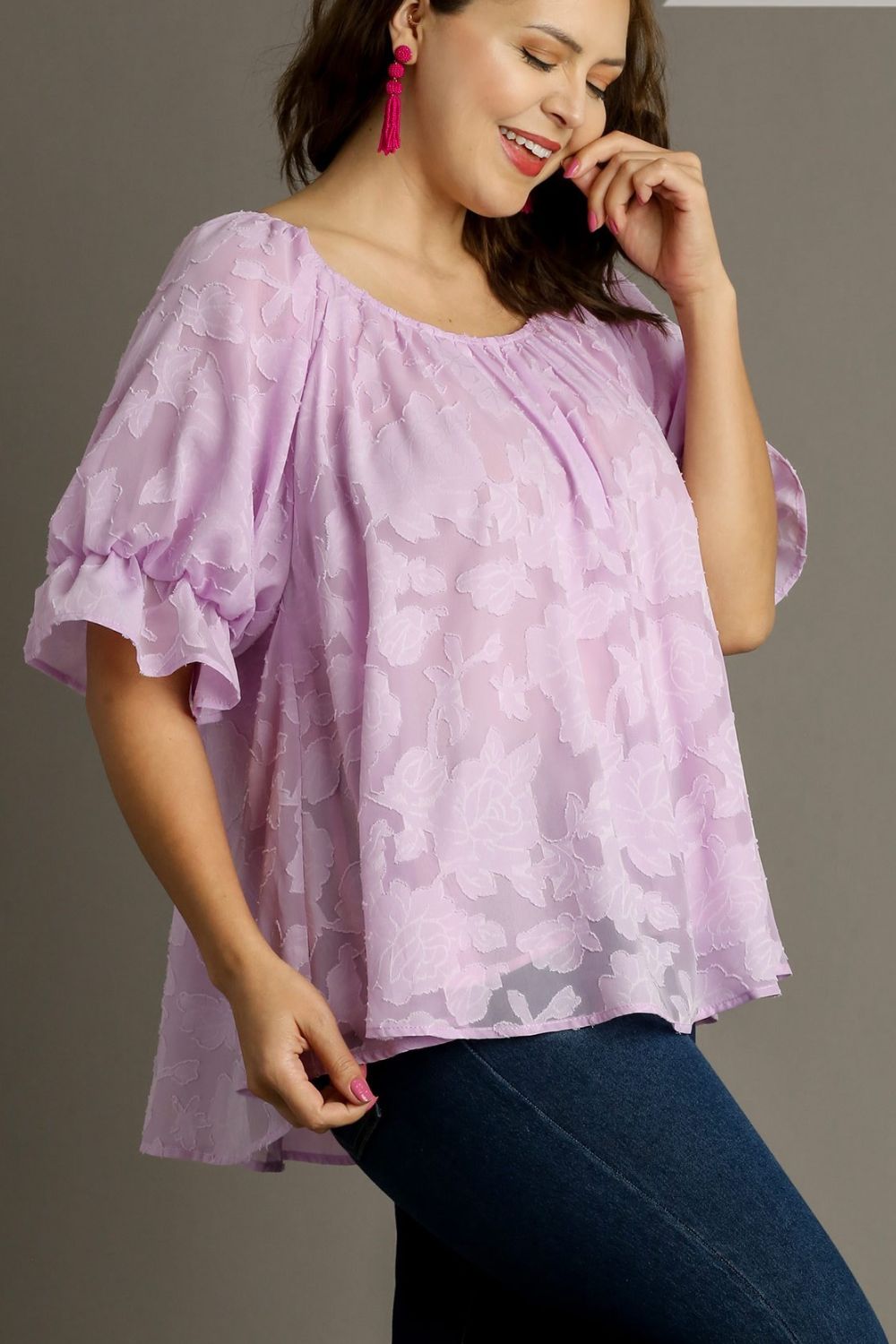 Umgee Full Size Jacquard Round Neck Ruffled Puff Sleeve Blouse Plus Size - Clothes For Her Online Store