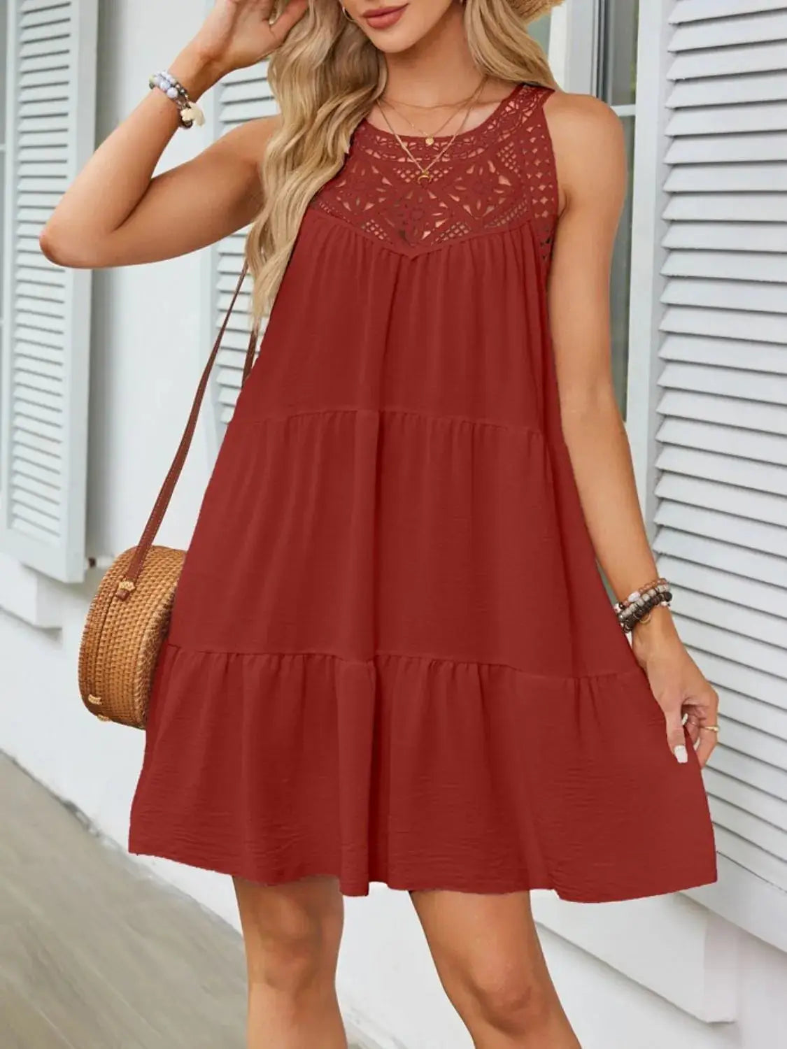 Ruffled Hem Lace Sleeveless Dress - Clothes For Her Online Store