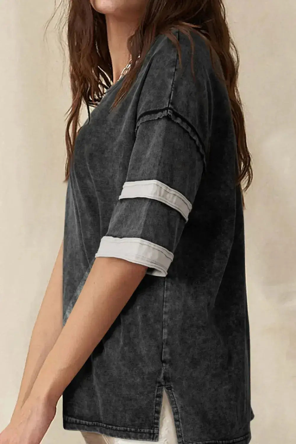 Contrast Round Neck Half Sleeve T-Shirt - Clothes For Her Online Store