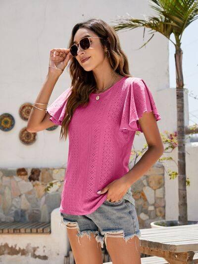 Mandy Eyelet Round Neck Flutter Sleeve Top