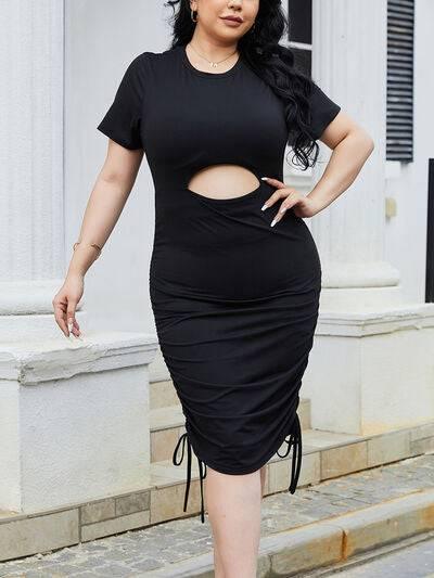 Plus Size Cutout Ruched Round Neck Short Sleeve Dress - Clothes For Her Online Store