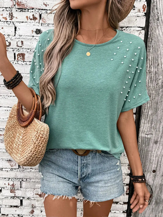 Pearl Detail Round Neck Short Sleeve T-Shirt - Clothes For Her Online Store