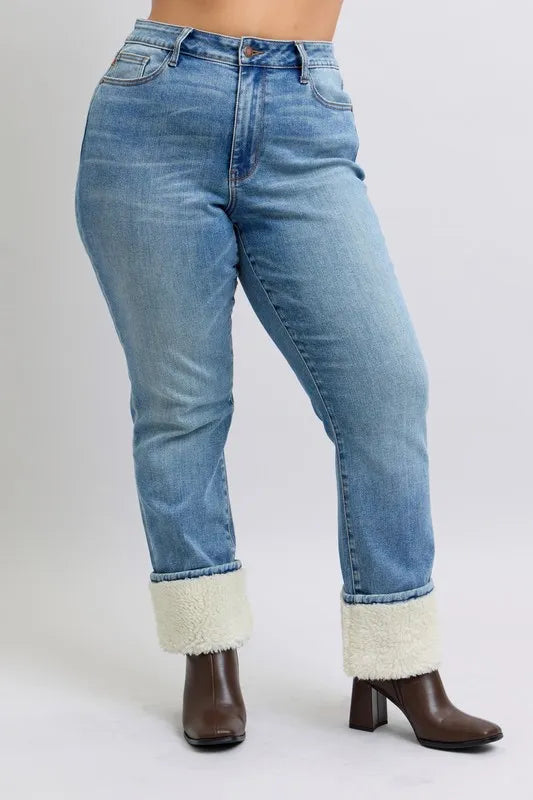 Judy Blue Full Size High Waist Shearling Cuff Straight Plus Size