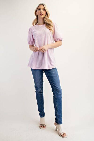 Celeste Full Size Gingham Print Top With Puff Sleeves Plus Size