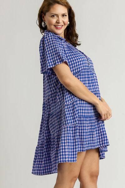 Umgee Full Size Gingham Tiered Button Detail Short Sleeve Dress Plus Size