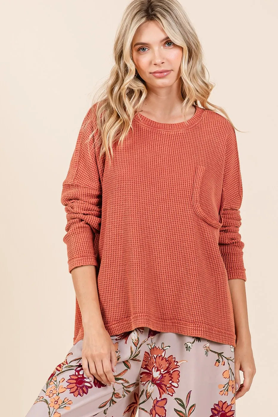 Mittoshop Mineral Wash Cutout Pocket Long Sleeve Waffle Top