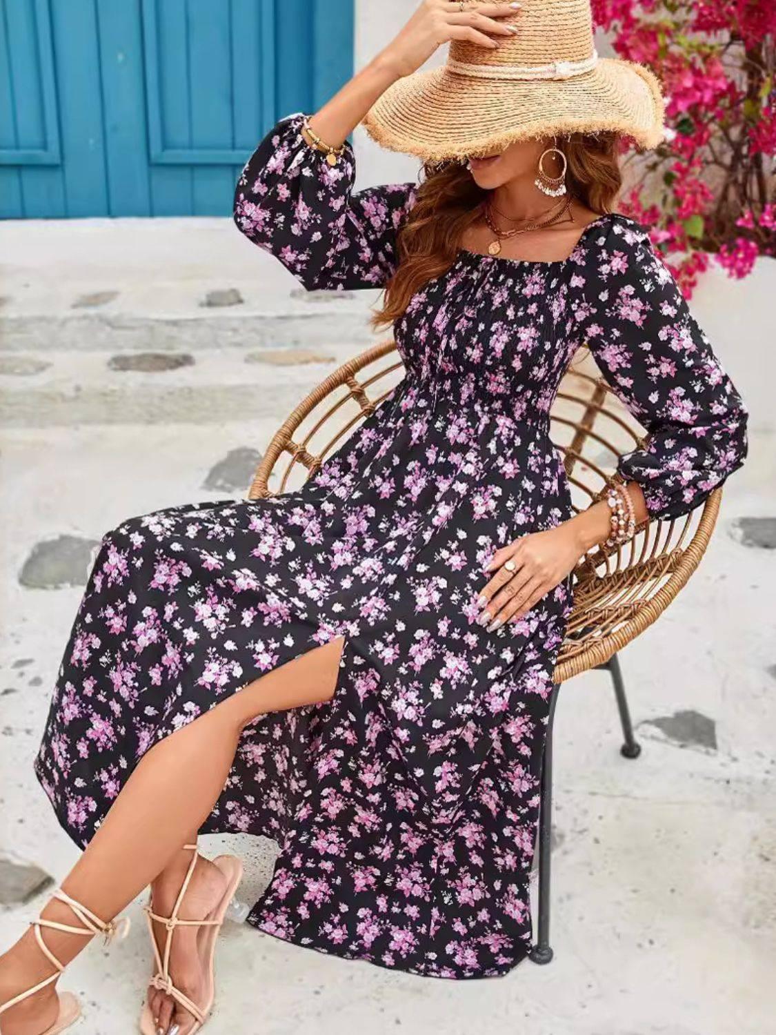 Slit Smocked Floral Square Neck Balloon Sleeve Midi Dress