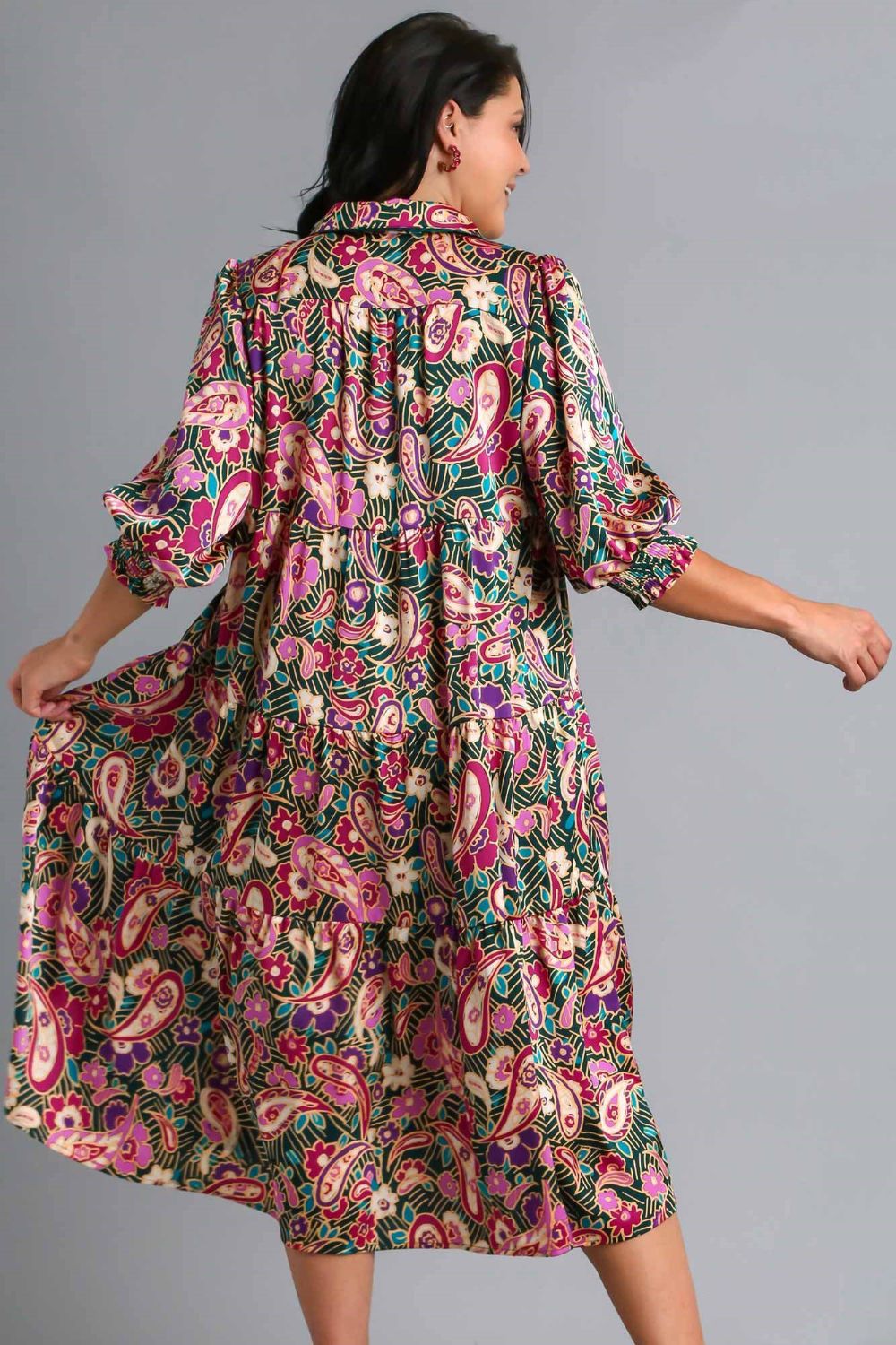 Umgee Full Size Paisley Print Satin Tiered Midi Dress Plus Size - Clothes For Her Online Store