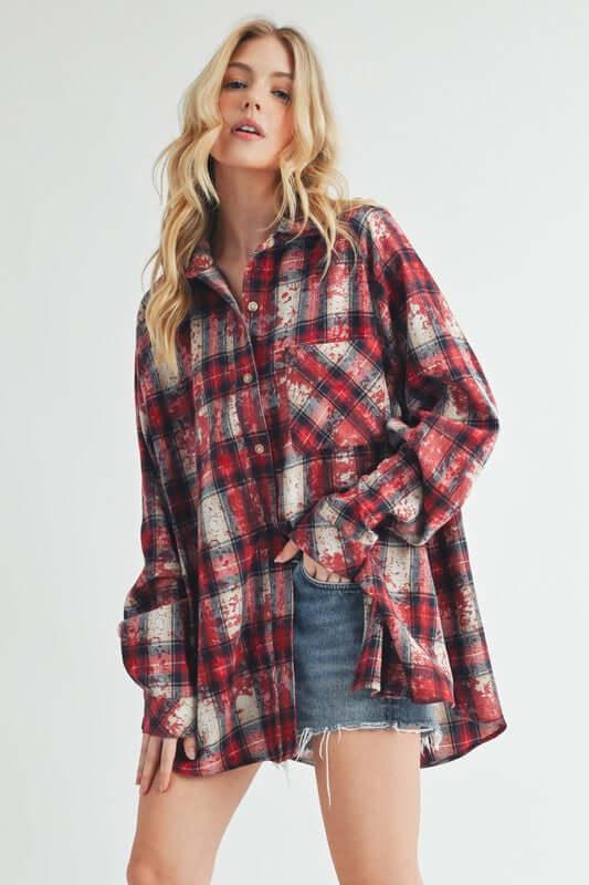 Aemi + Co Washed Plaid Button Up Raglan Sleeve Flannel Shirt