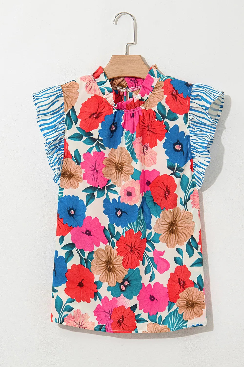 Floral Mock Neck Striped Cap Sleeve Blouse