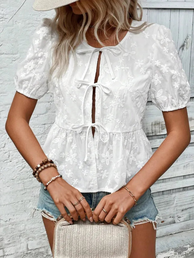 Puff Sleeve Tie Front Lace Peplum Blouse