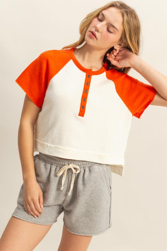 HYFVE Side Slit Contrast Half Button Short Sleeve T-Shirt - Clothes For Her Online Store