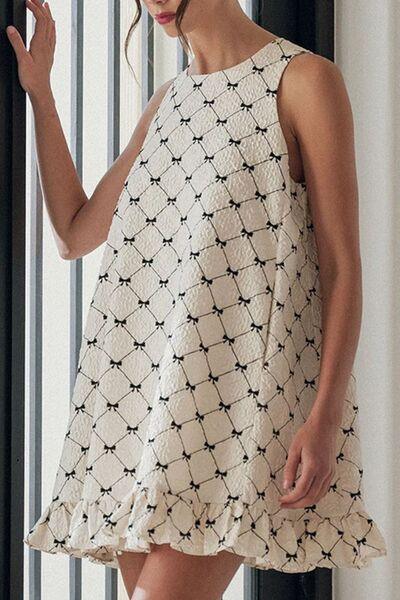 Ruffled Hem Bow Print Sleeveless Mini Dress - Clothes For Her Online Store