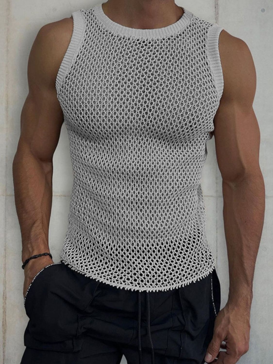 Men's Round Neck Hollow Out Sleeveless Knit Top - Clothes For Her Online Store