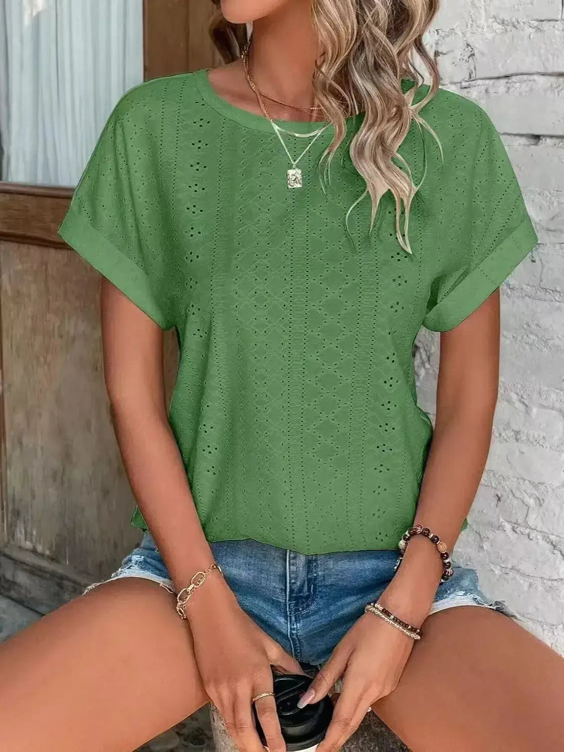 Eyelet Round Neck Short Sleeve Top - Clothes For Her Online Store